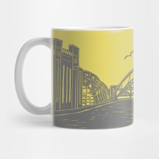 Tyne Bridge and Bridges of NewcastleGateshead Quayside Linocut in Yellow and Grey Mug